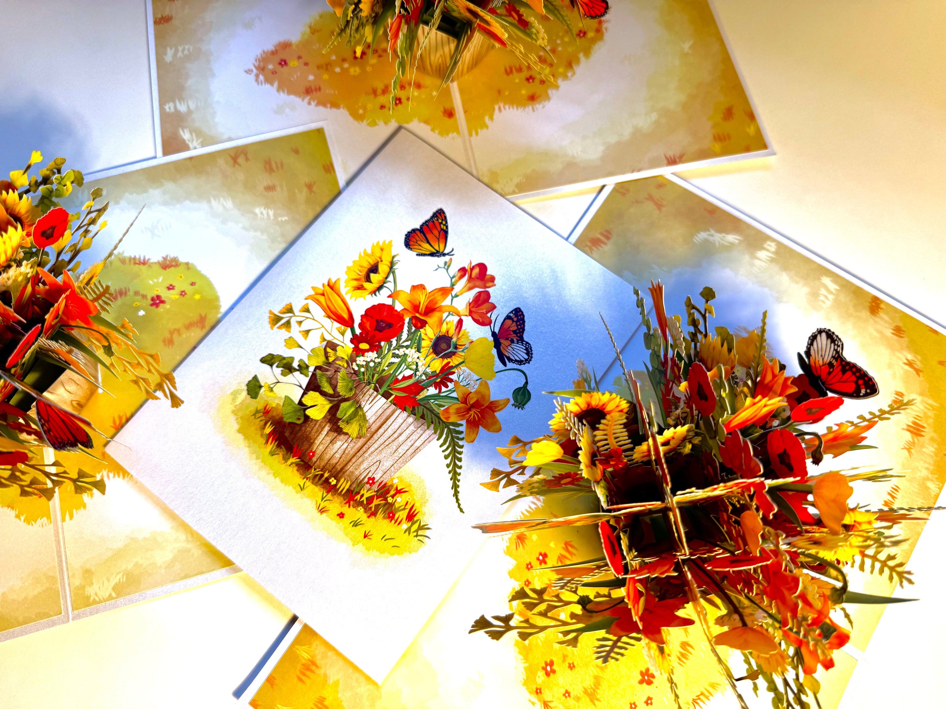 Autumn Flowers in Bucket with Butterflies Origami Pop Cards 3D Pop Up Greeting Card Happy Birthday Thank You Handmade Gift Thinking of You Blank Card for Any Occasion Happy Mother's Day Happy Father's Australiana Celebrate the Beauty of Autumn Flower