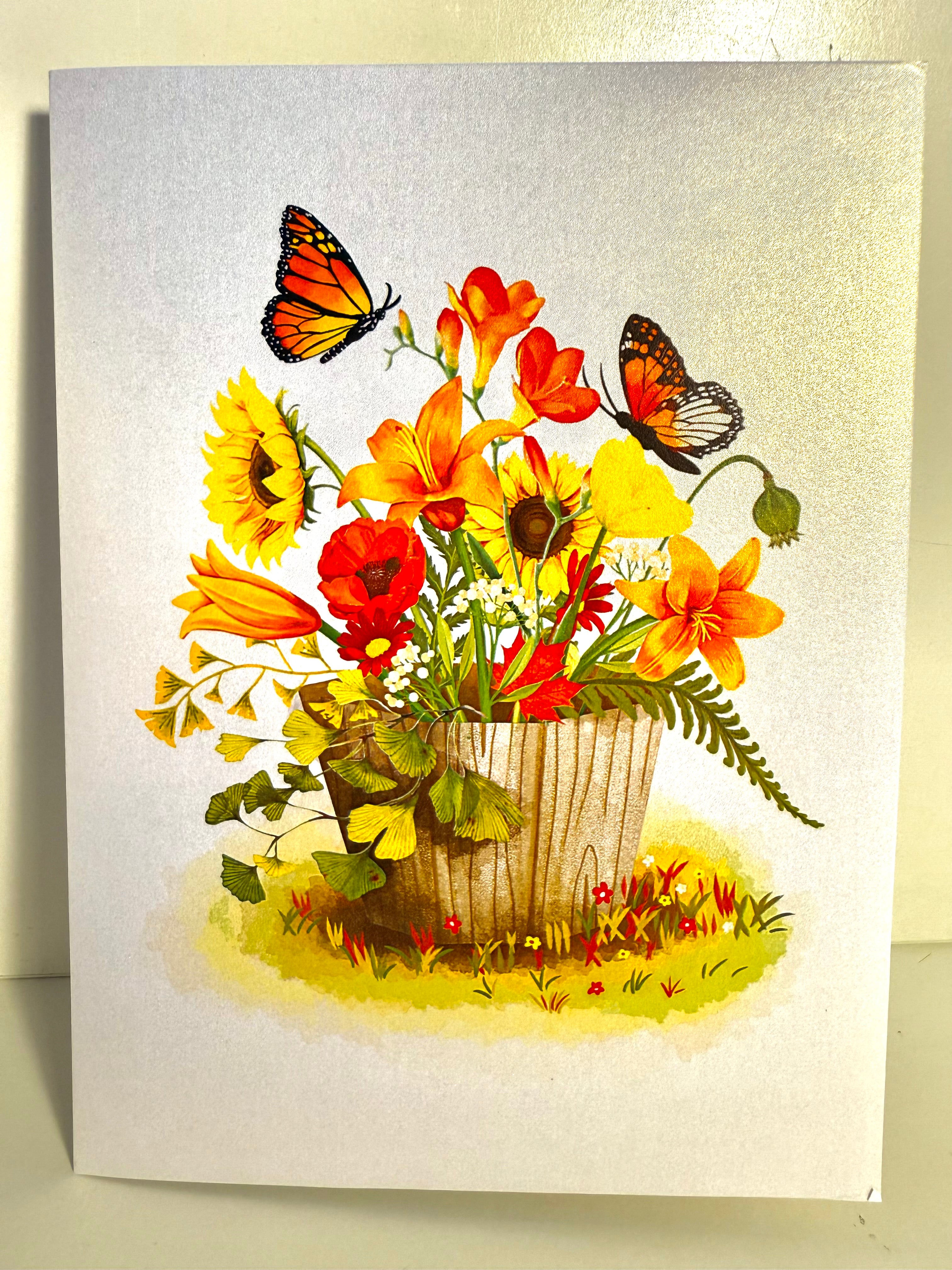Autumn Flowers in Bucket with Butterflies Origami Pop Cards 3D Pop Up Greeting Card Happy Birthday Thank You Handmade Gift Thinking of You Blank Card for Any Occasion Happy Mother's Day Happy Father's Australiana Celebrate the Beauty of Autumn Flower