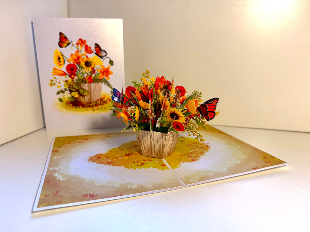 Autumn Flowers in Bucket with Butterflies Origami Pop Cards 3D Pop Up Greeting Card Happy Birthday Thank You Handmade Gift Thinking of You Blank Card for Any Occasion Happy Mother's Day Happy Father's Australiana Celebrate the Beauty of Autumn Flower
