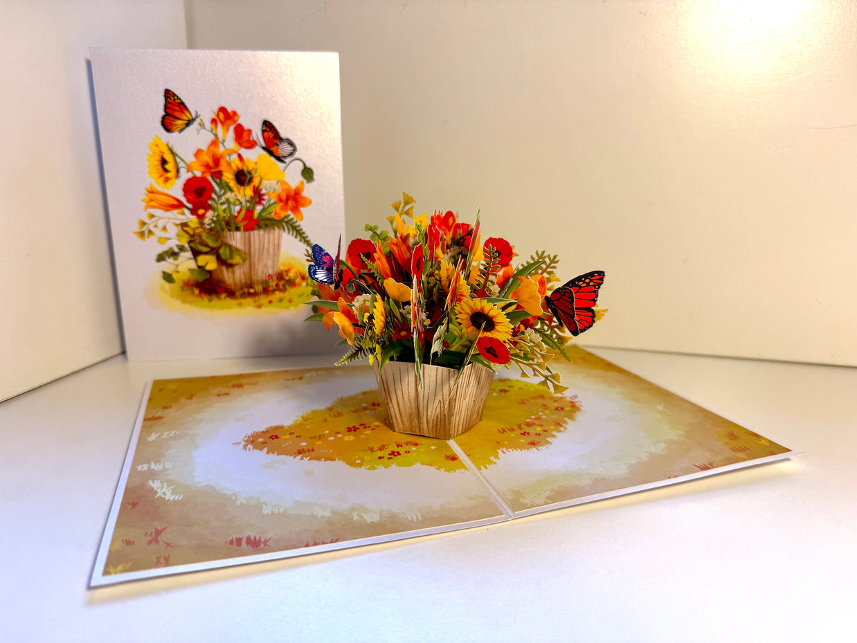 Autumn Flowers in Bucket with Butterflies Origami Pop Cards 3D Pop Up Greeting Card Happy Birthday Thank You Handmade Gift Thinking of You Blank Card for Any Occasion Happy Mother's Day Happy Father's Australiana Celebrate the Beauty of Autumn Flower