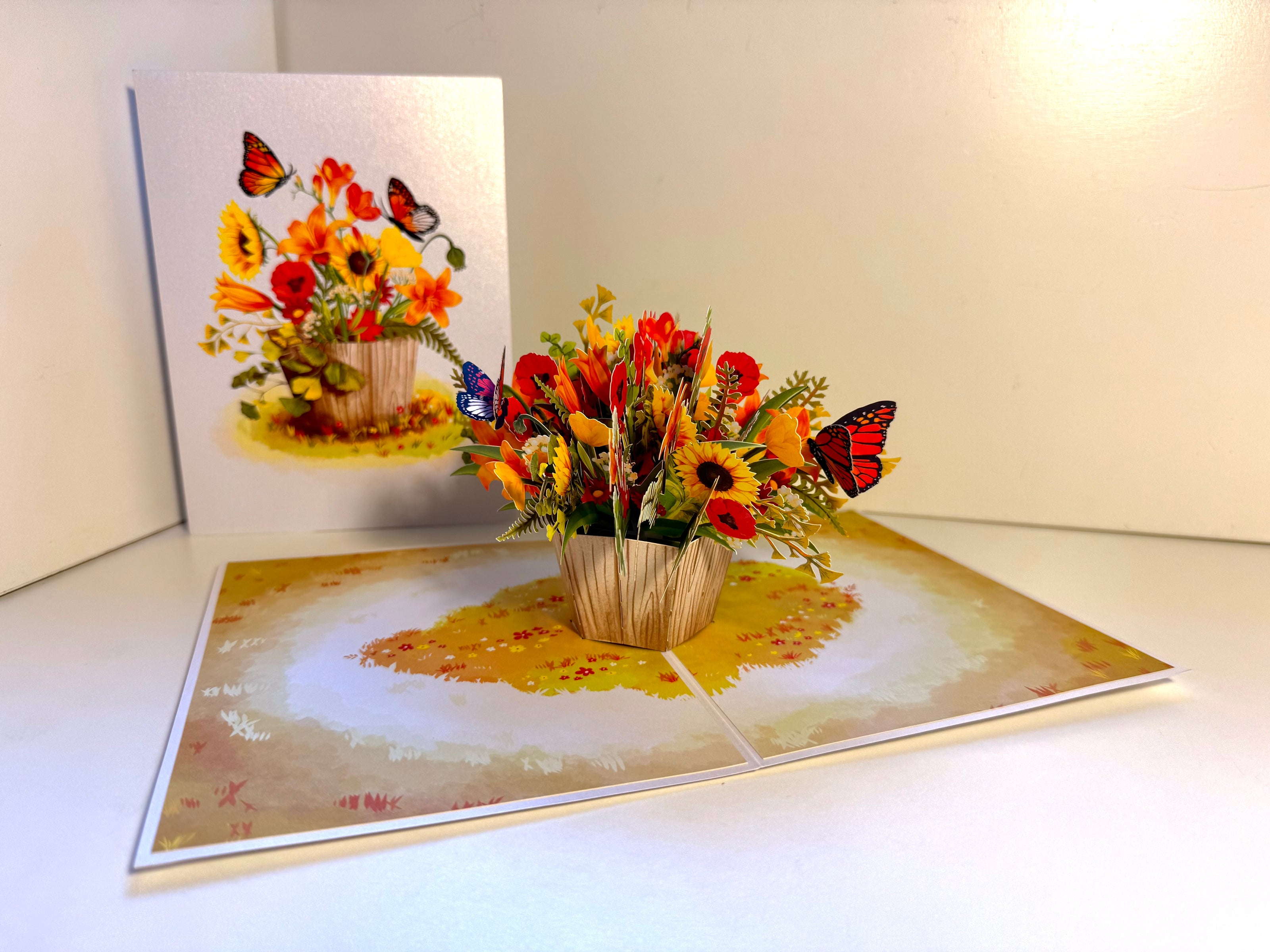 Autumn Flowers in Bucket with Butterflies Origami Pop Cards 3D Pop Up Greeting Card Happy Birthday Thank You Handmade Gift Thinking of You Blank Card for Any Occasion Happy Mother's Day Happy Father's Australiana Celebrate the Beauty of Autumn Flower