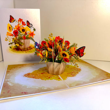 Autumn Flowers in Bucket with Butterflies Origami Pop Cards 3D Pop Up Greeting Card Happy Birthday Thank You Handmade Gift Thinking of You Blank Card for Any Occasion Happy Mother's Day Happy Father's Australiana Celebrate the Beauty of Autumn Flower