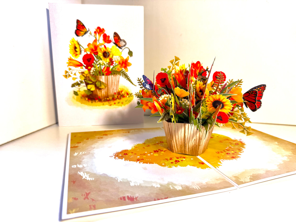 Autumn Flowers in Bucket with Butterflies Origami Pop Cards 3D Pop Up Greeting Card Happy Birthday Thank You Handmade Gift Thinking of You Blank Card for Any Occasion Happy Mother's Day Happy Father's Australiana Celebrate the Beauty of Autumn Flower