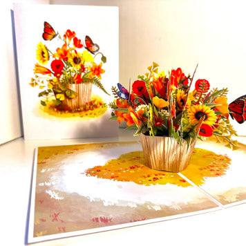Autumn Flowers in Bucket with Butterflies Origami Pop Cards 3D Pop Up Greeting Card Happy Birthday Thank You Handmade Gift Thinking of You Blank Card for Any Occasion Happy Mother's Day Happy Father's Australiana Celebrate the Beauty of Autumn Flower