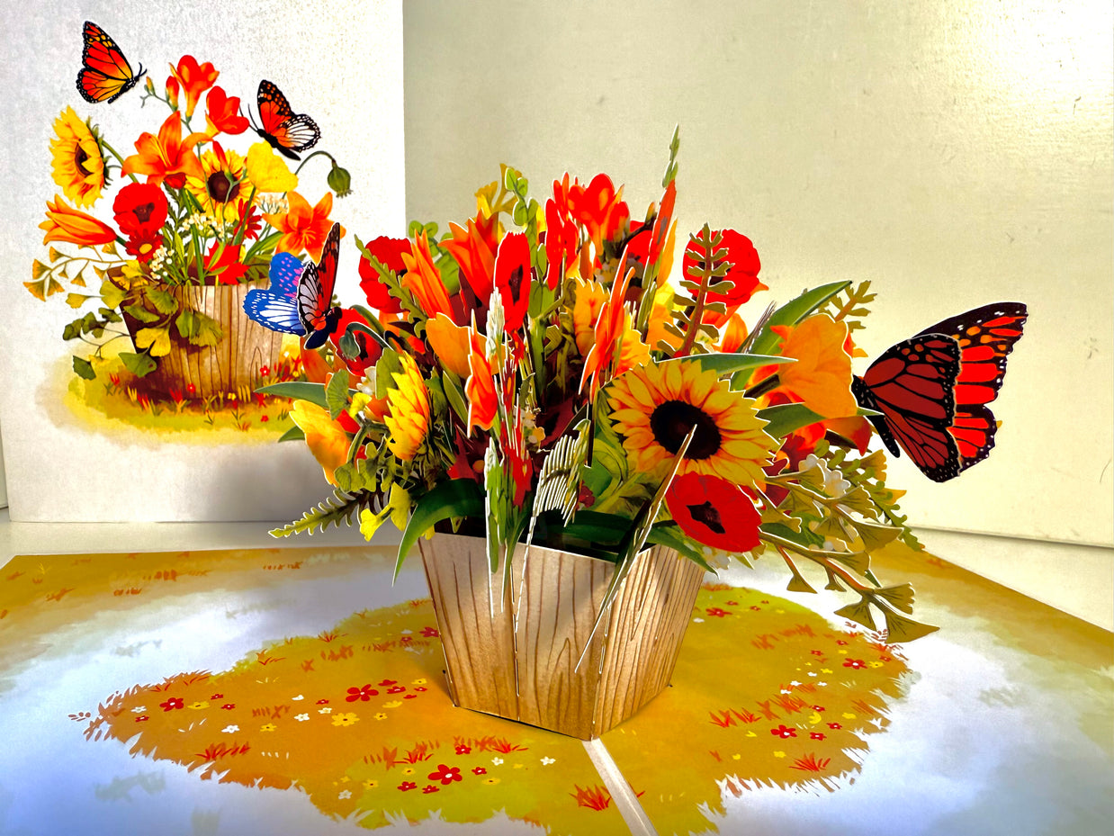 Autumn Flowers in Bucket with Butterflies Origami Pop Cards 3D Pop Up Greeting Card Happy Birthday Thank You Handmade Gift Thinking of You Blank Card for Any Occasion Happy Mother's Day Happy Father's Australiana Celebrate the Beauty of Autumn Flower