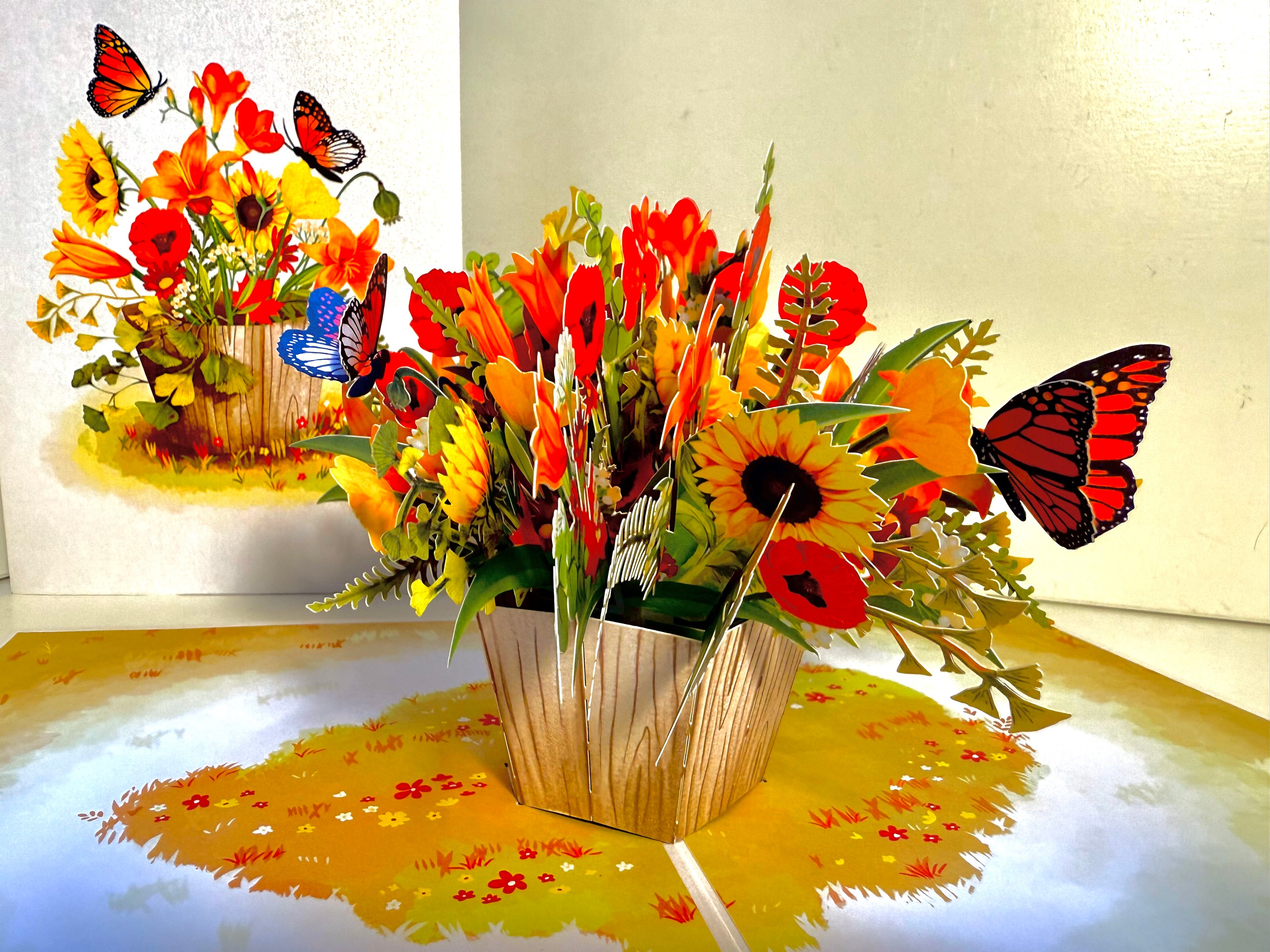 Autumn Flowers in Bucket with Butterflies Origami Pop Cards 3D Pop Up Greeting Card Happy Birthday Thank You Handmade Gift Thinking of You Blank Card for Any Occasion Happy Mother's Day Happy Father's Australiana Celebrate the Beauty of Autumn Flower