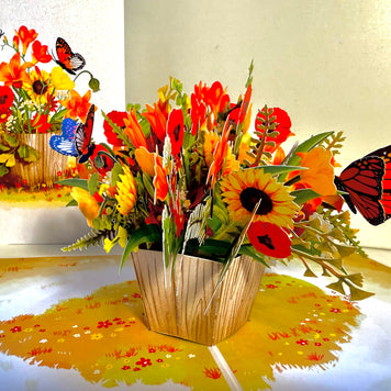 Autumn Flowers in Bucket with Butterflies Origami Pop Cards 3D Pop Up Greeting Card Happy Birthday Thank You Handmade Gift Thinking of You Blank Card for Any Occasion Happy Mother's Day Happy Father's Australiana Celebrate the Beauty of Autumn Flower