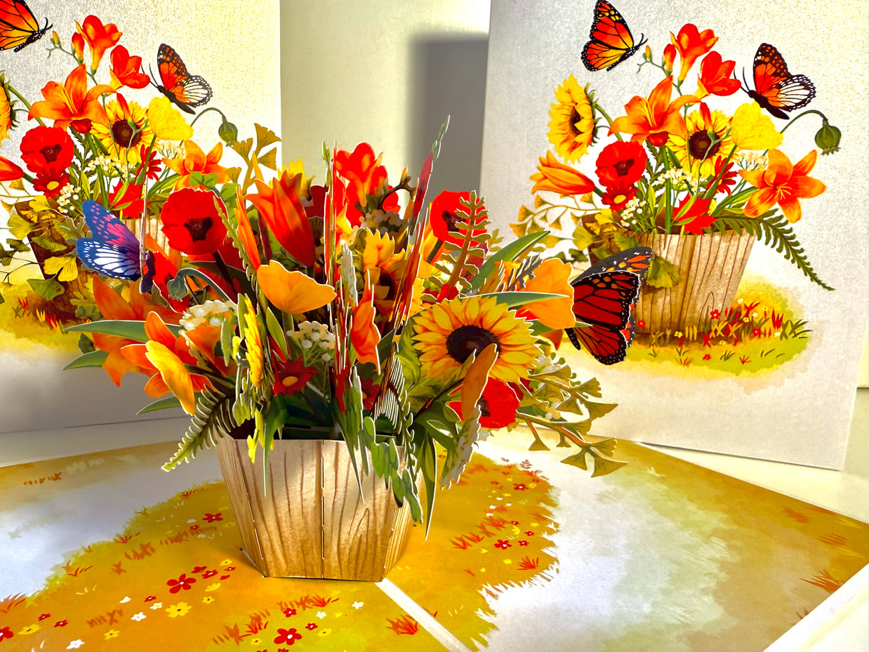 Autumn Flowers in Bucket with Butterflies Origami Pop Cards 3D Pop Up Greeting Card Happy Birthday Thank You Handmade Gift Thinking of You Blank Card for Any Occasion Happy Mother's Day Happy Father's Australiana Celebrate the Beauty of Autumn Flower
