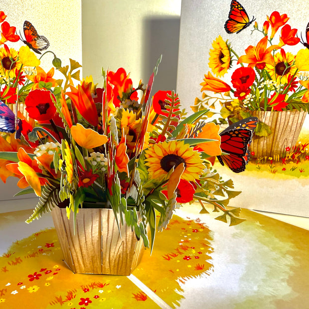 Autumn Flowers in Bucket with Butterflies Origami Pop Cards 3D Pop Up Greeting Card Happy Birthday Thank You Handmade Gift Thinking of You Blank Card for Any Occasion Happy Mother's Day Happy Father's Australiana Celebrate the Beauty of Autumn Flower
