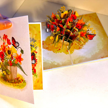Autumn Flowers in Bucket with Butterflies Origami Pop Cards 3D Pop Up Greeting Card Happy Birthday Thank You Handmade Gift Thinking of You Blank Card for Any Occasion Happy Mother's Day Happy Father's Australiana Celebrate the Beauty of Autumn Flower