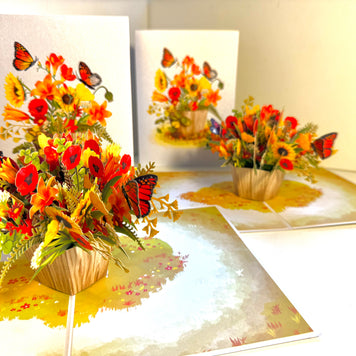 Autumn Flowers in Bucket with Butterflies Origami Pop Cards 3D Pop Up Greeting Card Happy Birthday Thank You Handmade Gift Thinking of You Blank Card for Any Occasion Happy Mother's Day Happy Father's Australiana Celebrate the Beauty of Autumn Flower