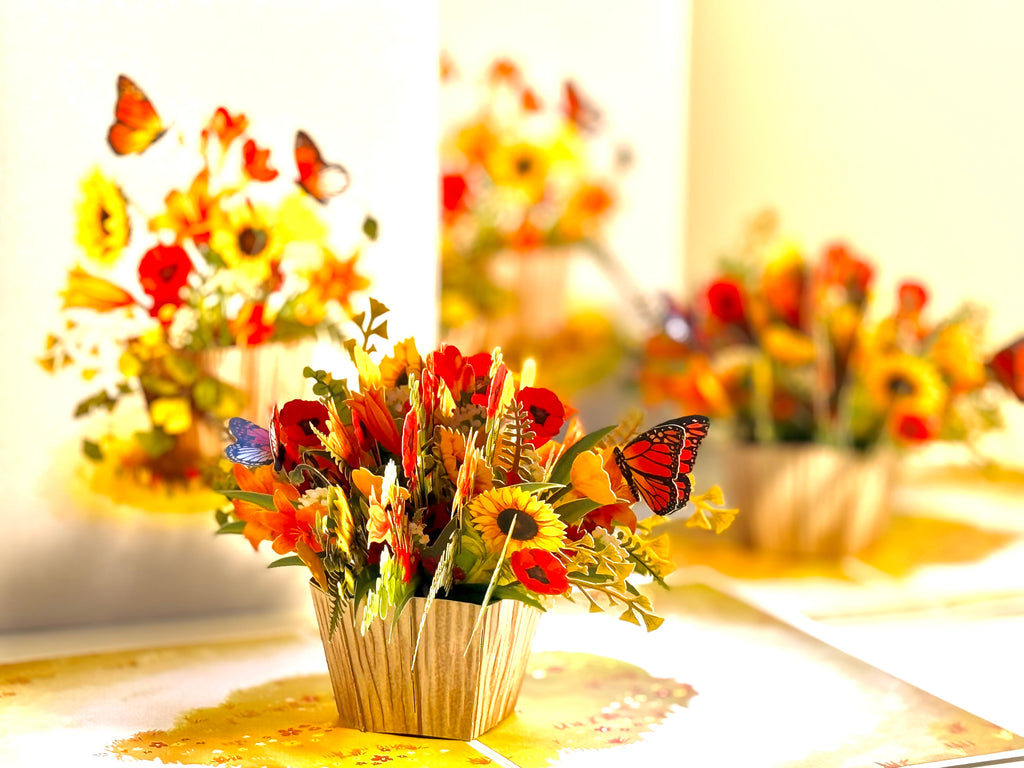 Autumn Flowers in Bucket with Butterflies Origami Pop Cards 3D Pop Up Greeting Card Happy Birthday Thank You Handmade Gift Thinking of You Blank Card for Any Occasion Happy Mother's Day Happy Father's Australiana Celebrate the Beauty of Autumn Flower