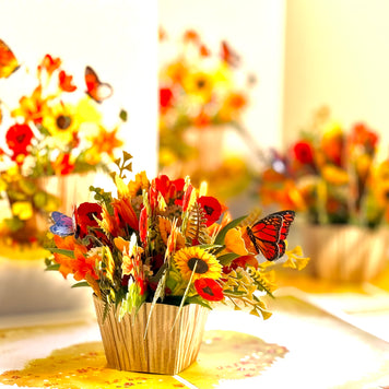 Autumn Flowers in Bucket with Butterflies Origami Pop Cards 3D Pop Up Greeting Card Happy Birthday Thank You Handmade Gift Thinking of You Blank Card for Any Occasion Happy Mother's Day Happy Father's Australiana Celebrate the Beauty of Autumn Flower