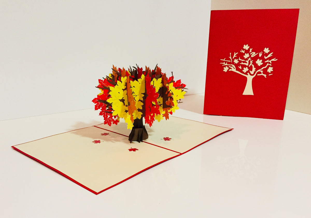 Autumn Japanese Maple Tree with Red - Origami Pop Cards 3D Pop Up Greeting Card Merry Christmas Thank You Handmade Best Wishes Blank Card Gift Happy Holidays Celebrate the Special Day Moment with Family and Friends