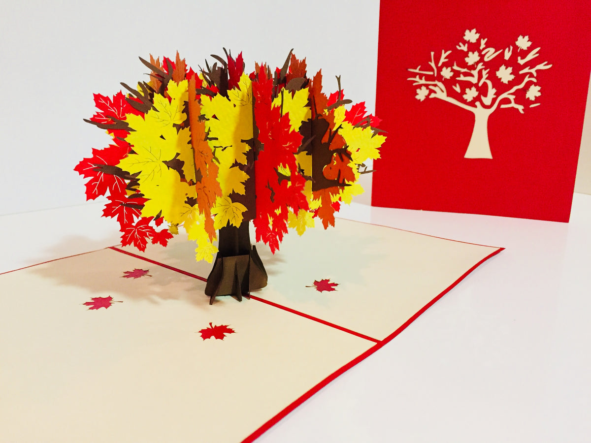Autumn Japanese Maple Tree with Red - Origami Pop Cards 3D Pop Up Greeting Card Merry Christmas Thank You Handmade Best Wishes Blank Card Gift Happy Holidays Celebrate the Special Day Moment with Family and Friends