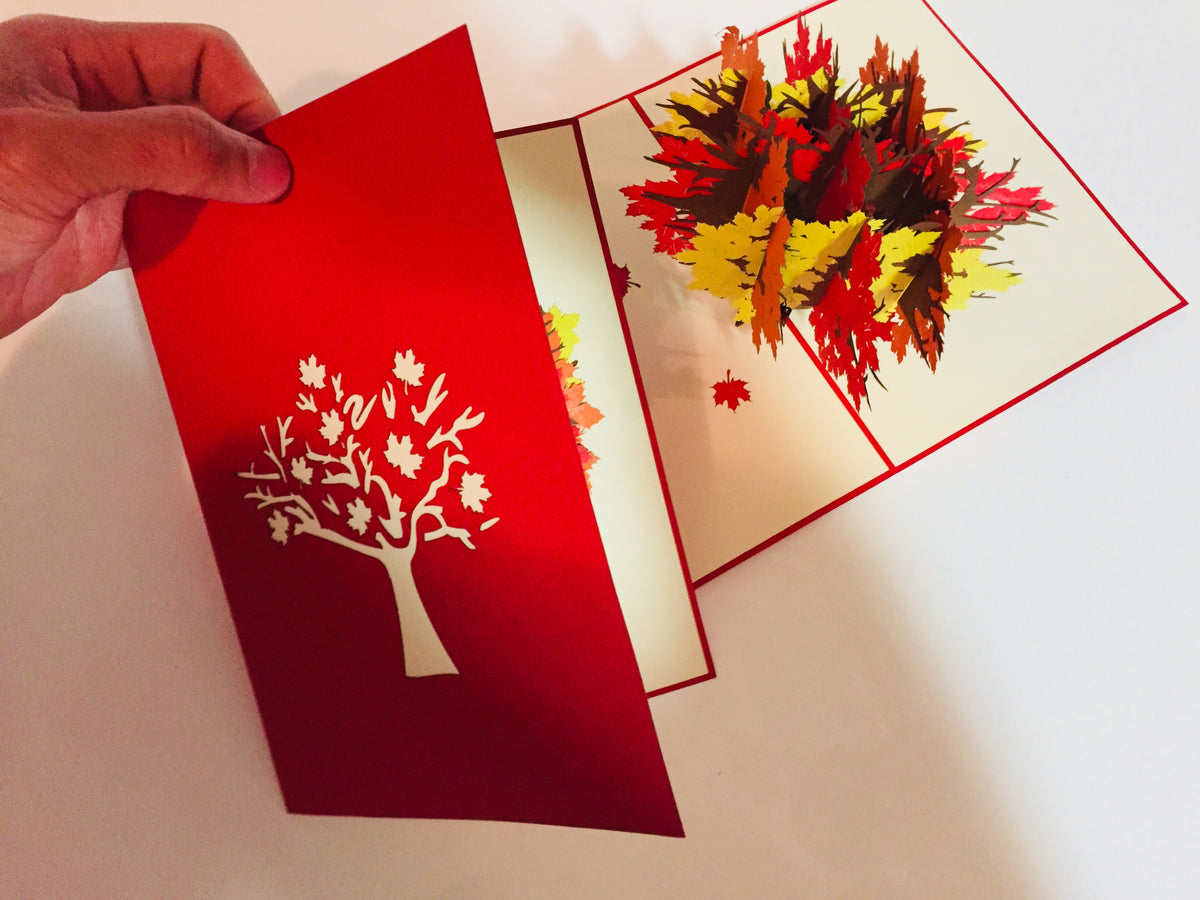 Autumn Japanese Maple Tree with Red - Origami Pop Cards 3D Pop Up Greeting Card Merry Christmas Thank You Handmade Best Wishes Blank Card Gift Happy Holidays Celebrate the Special Day Moment with Family and Friends