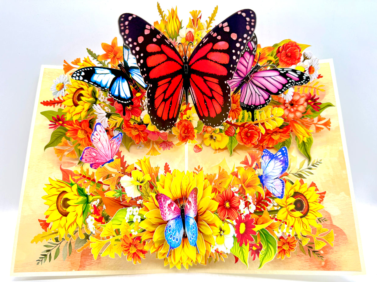 Autumn Sunflower Garden with Butterflies Origami Pop Cards 3D Pop Up Greeting Card Happy Birthday Thank You Handmade Gift Thinking of You Blank Card for Any Occasion Happy Mother's Day Happy Father's Celebrate the Beauty of Flower and Butterflies