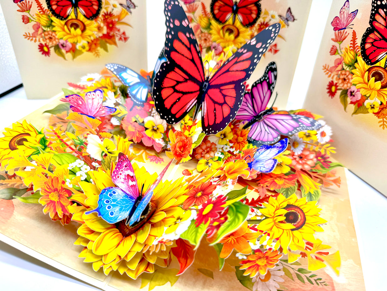 Autumn Sunflower Garden with Butterflies Origami Pop Cards 3D Pop Up Greeting Card Happy Birthday Thank You Handmade Gift Thinking of You Blank Card for Any Occasion Happy Mother's Day Happy Father's Celebrate the Beauty of Flower and Butterflies