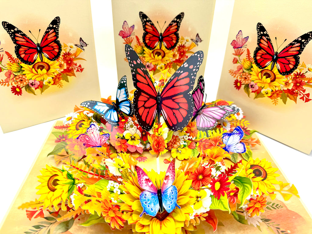 Autumn Sunflower Garden with Butterflies Origami Pop Cards 3D Pop Up Greeting Card Happy Birthday Thank You Handmade Gift Thinking of You Blank Card for Any Occasion Happy Mother's Day Happy Father's Celebrate the Beauty of Flower and Butterflies