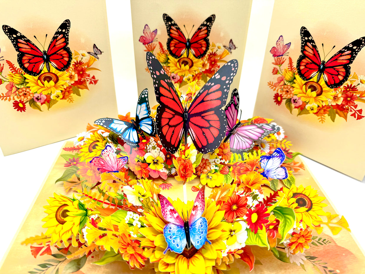 Autumn Sunflower Garden with Butterflies Origami Pop Cards 3D Pop Up Greeting Card Happy Birthday Thank You Handmade Gift Thinking of You Blank Card for Any Occasion Happy Mother's Day Happy Father's Celebrate the Beauty of Flower and Butterflies