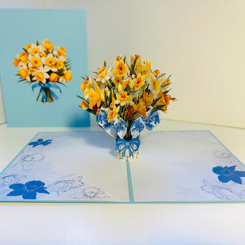 BABY BLUE Cover - Daffodil Bloom Flower Bouquet Origami Pop Cards 3D Pop Up Greeting Card Happy Birthday Thank You Handmade Gift Thinking of You Blank Card for Any Occasion Happy Mother's Day Happy Father's Australiana Celebrate the Beauty of Flower