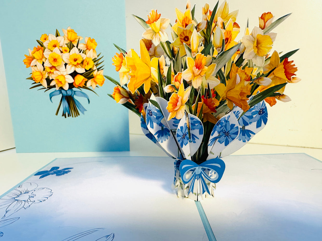 BABY BLUE Cover - Daffodil Bloom Flower Bouquet Origami Pop Cards 3D Pop Up Greeting Card Happy Birthday Thank You Handmade Gift Thinking of You Blank Card for Any Occasion Happy Mother's Day Happy Father's Australiana Celebrate the Beauty of Flower