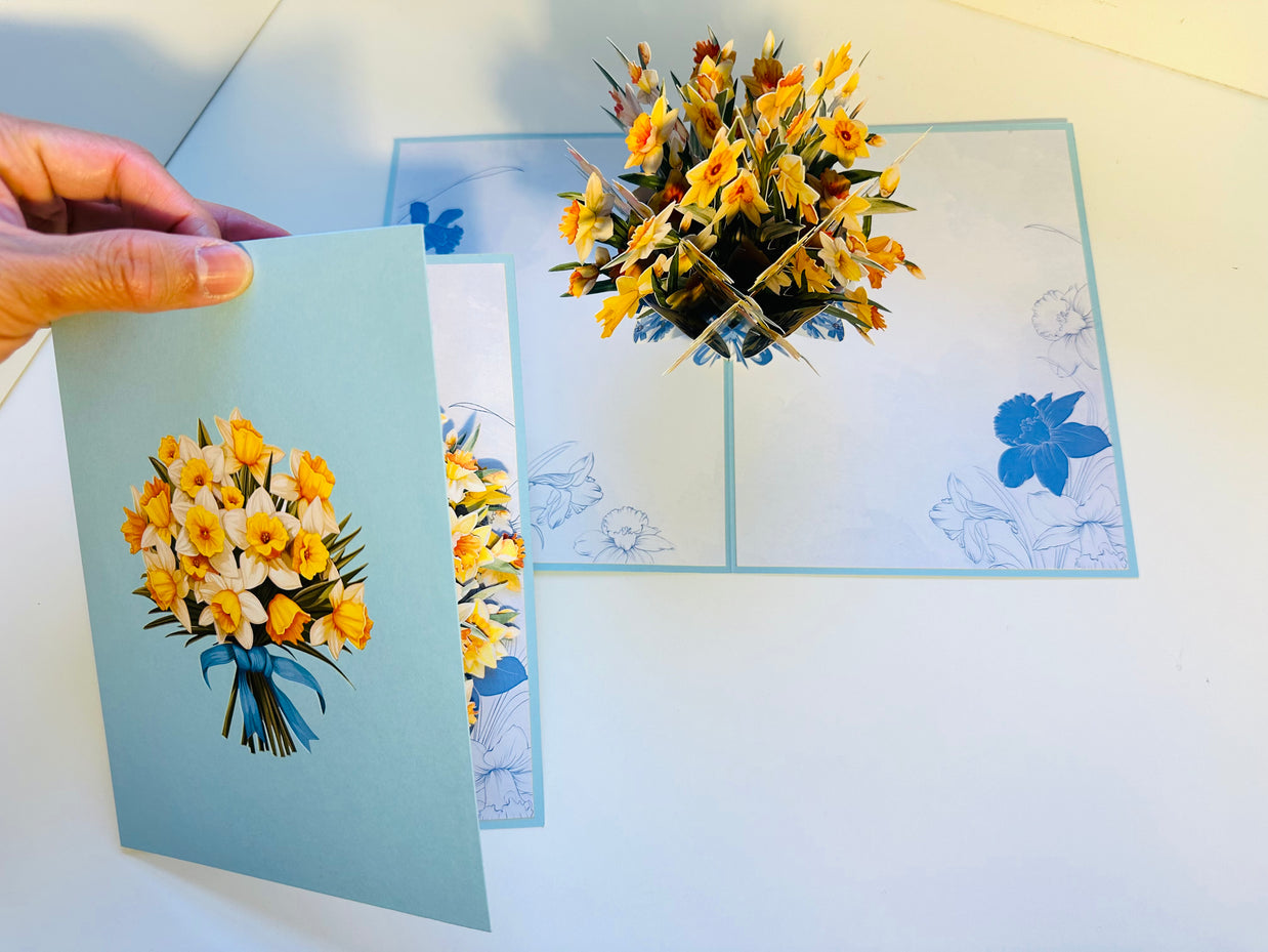 BABY BLUE Cover - Daffodil Bloom Flower Bouquet Origami Pop Cards 3D Pop Up Greeting Card Happy Birthday Thank You Handmade Gift Thinking of You Blank Card for Any Occasion Happy Mother's Day Happy Father's Australiana Celebrate the Beauty of Flower