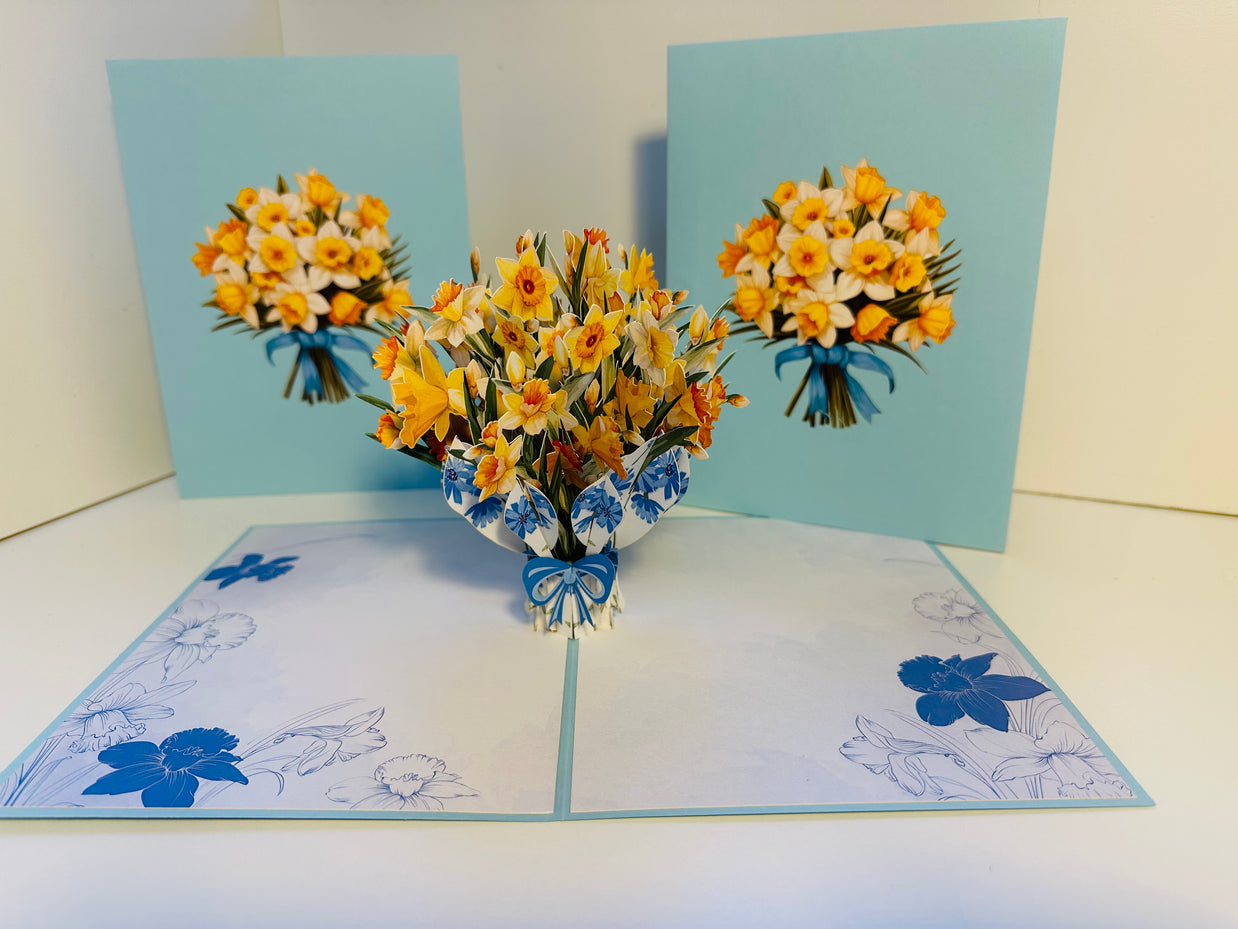 BABY BLUE Cover - Daffodil Bloom Flower Bouquet Origami Pop Cards 3D Pop Up Greeting Card Happy Birthday Thank You Handmade Gift Thinking of You Blank Card for Any Occasion Happy Mother's Day Happy Father's Australiana Celebrate the Beauty of Flower