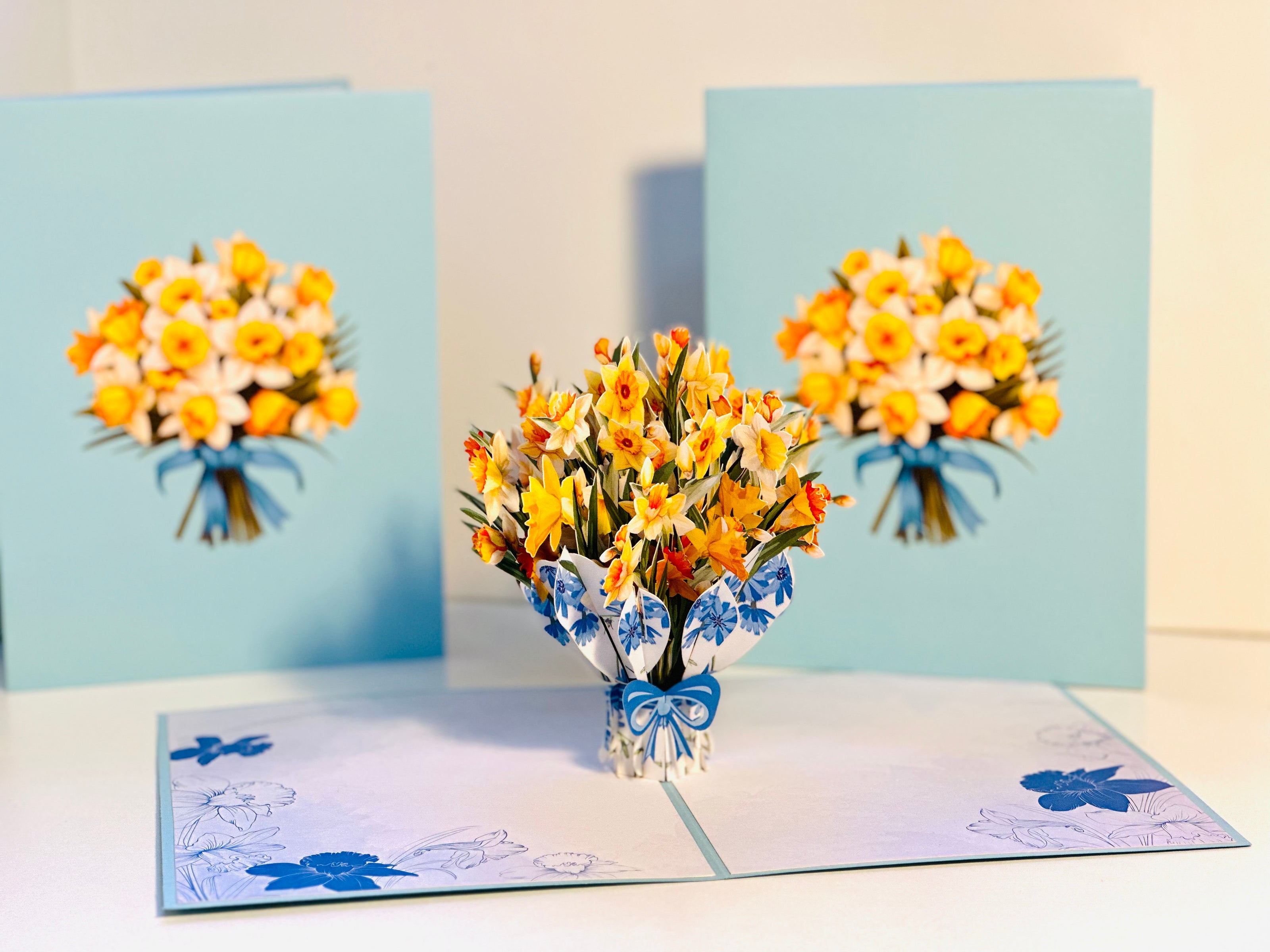 BABY BLUE Cover - Daffodil Bloom Flower Bouquet Origami Pop Cards 3D Pop Up Greeting Card Happy Birthday Thank You Handmade Gift Thinking of You Blank Card for Any Occasion Happy Mother's Day Happy Father's Australiana Celebrate the Beauty of Flower