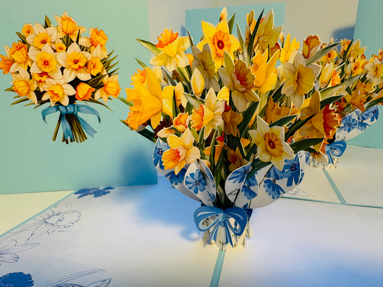 BABY BLUE Cover - Daffodil Bloom Flower Bouquet Origami Pop Cards 3D Pop Up Greeting Card Happy Birthday Thank You Handmade Gift Thinking of You Blank Card for Any Occasion Happy Mother's Day Happy Father's Australiana Celebrate the Beauty of Flower