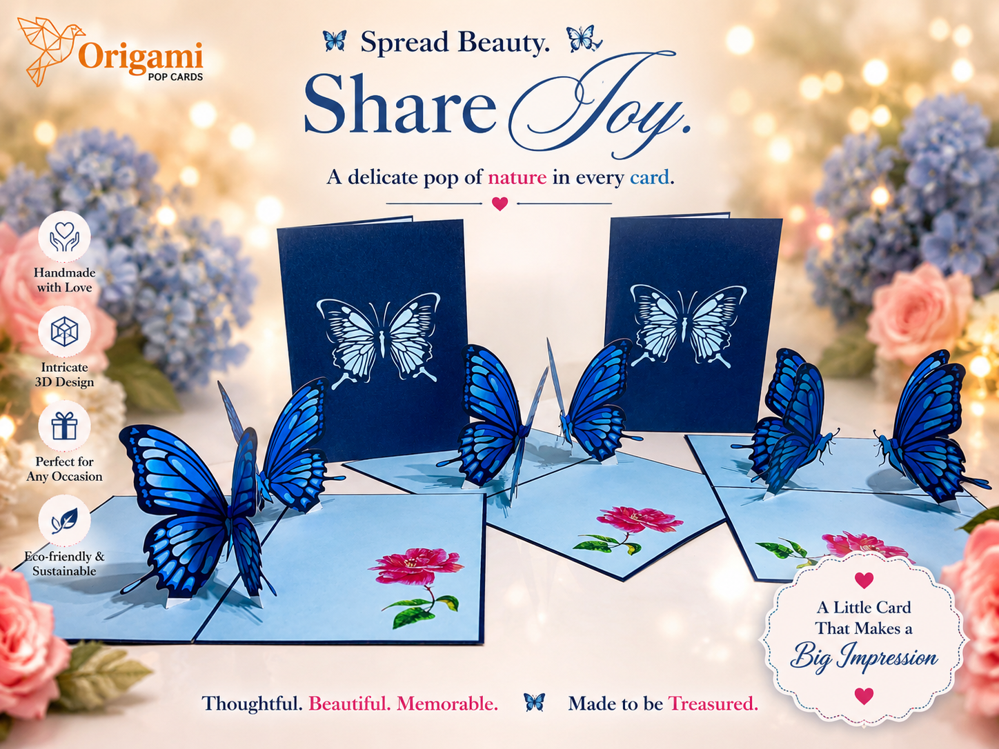 Large Gorgeous Navy Blue Butterfly Origami Pop Cards 3D Pop Up Greeting Card Happy Birthday Thank You Handmade Gift Thinking of You Blank Card for Any Occasion Happy Mother's Day Happy Father's Australiana