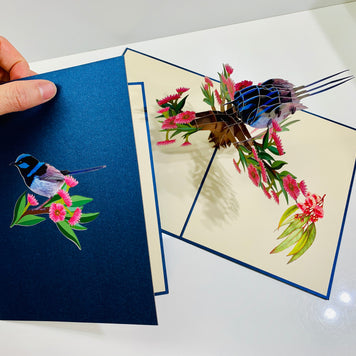 Superb Fairy-Wren or Known as Blue Wren Aussie Bird Origami Pop Cards 3D Pop Up Greeting Card Happy Birthday Thank You Handmade Gift Thinking of You Blank Card for Any Occasion Happy Mother's Day Happy Father's Australiana Birds