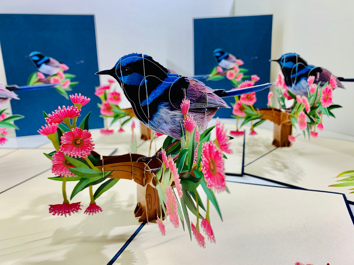 Superb Fairy-Wren or Known as Blue Wren Aussie Bird Origami Pop Cards 3D Pop Up Greeting Card Happy Birthday Thank You Handmade Gift Thinking of You Blank Card for Any Occasion Happy Mother's Day Happy Father's Australiana Birds