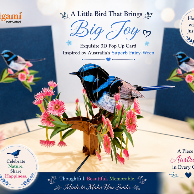 Superb Fairy-Wren or Known as Blue Wren Aussie Bird Origami Pop Cards 3D Pop Up Greeting Card Happy Birthday Thank You Handmade Gift Thinking of You Blank Card for Any Occasion Happy Mother's Day Happy Father's Australiana Birds