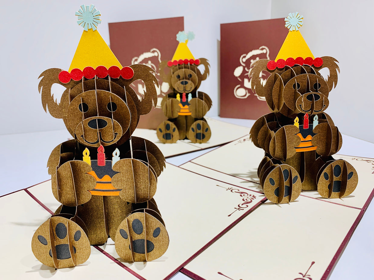 Brown Teddy Bear Birthday Origami Pop Cards 3D Pop Up Greeting Card Thank You Handmade Gift Thinking of You Happy Birthday Occasion Australiana Celebrate the Beauty and Happiness During Special Day Best Wishes Gift
