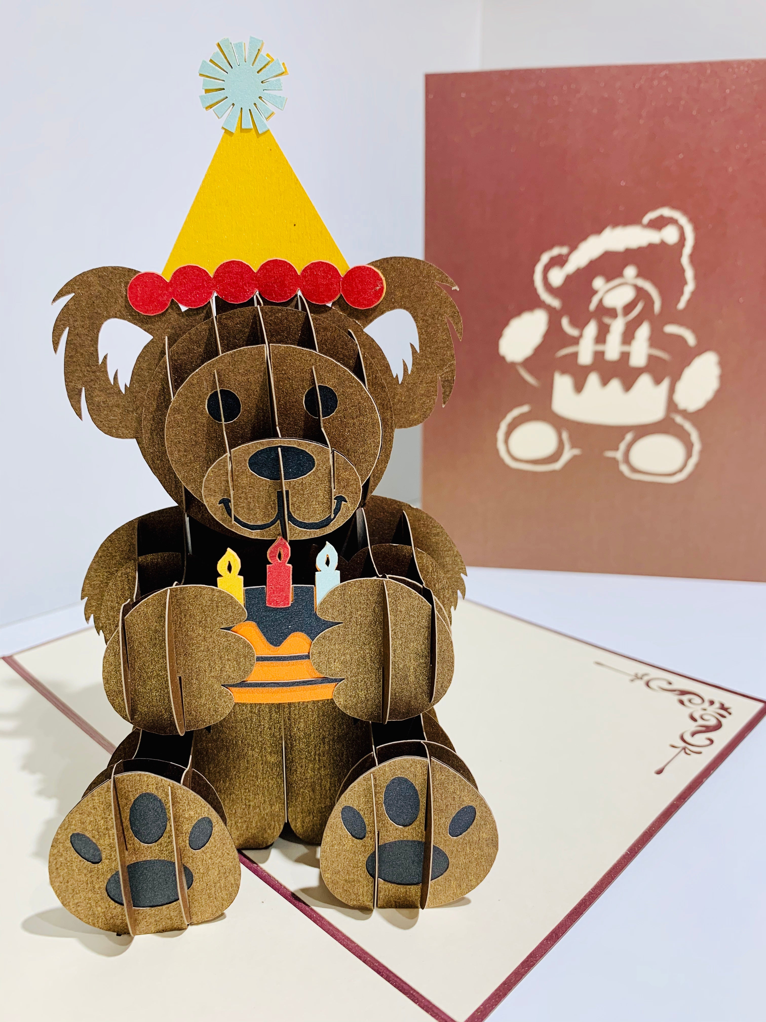 Brown Teddy Bear Birthday Origami Pop Cards 3D Pop Up Greeting Card Thank You Handmade Gift Thinking of You Happy Birthday Occasion Australiana Celebrate the Beauty and Happiness During Special Day Best Wishes Gift