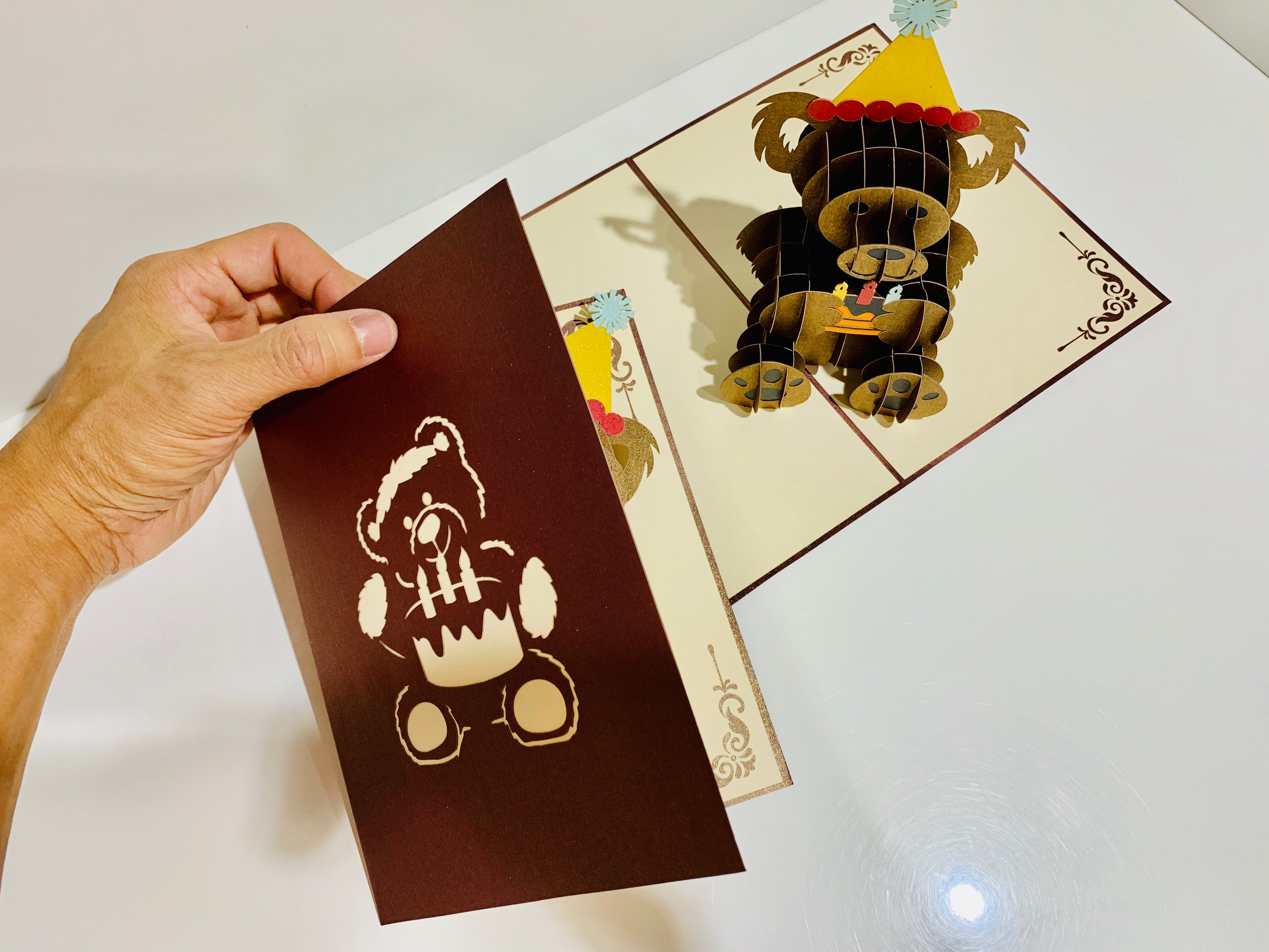 Brown Teddy Bear Birthday Origami Pop Cards 3D Pop Up Greeting Card Thank You Handmade Gift Thinking of You Happy Birthday Occasion Australiana Celebrate the Beauty and Happiness During Special Day Best Wishes Gift