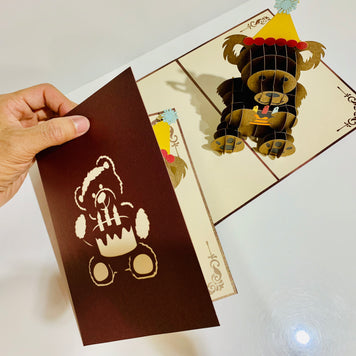 Brown Teddy Bear Birthday Origami Pop Cards 3D Pop Up Greeting Card Thank You Handmade Gift Thinking of You Happy Birthday Occasion Australiana Celebrate the Beauty and Happiness During Special Day Best Wishes Gift
