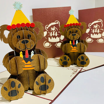 Brown Teddy Bear Birthday Origami Pop Cards 3D Pop Up Greeting Card Thank You Handmade Gift Thinking of You Happy Birthday Occasion Australiana Celebrate the Beauty and Happiness During Special Day Best Wishes Gift