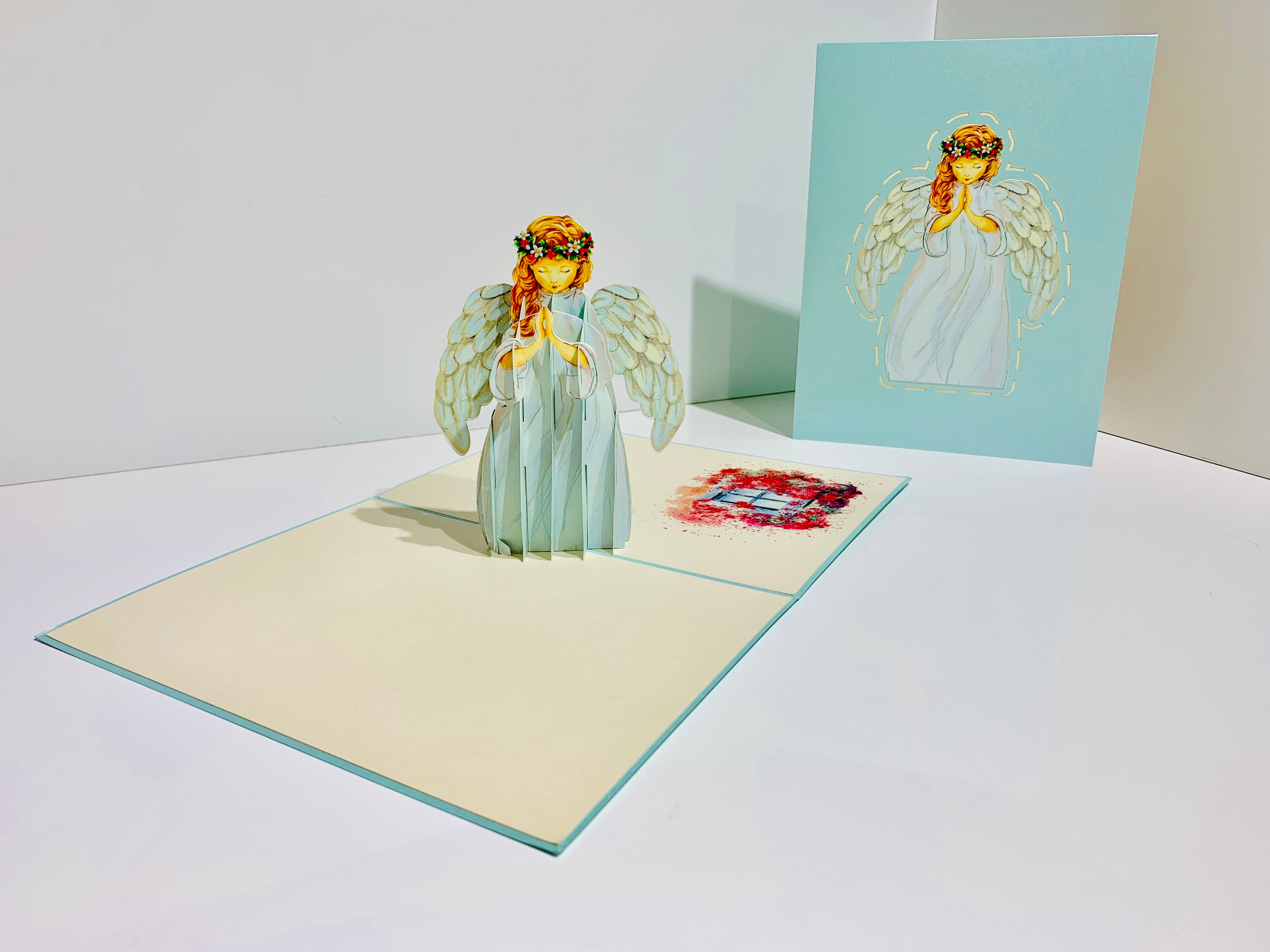 Baby Blue Praying Guardian Angel Origami Pop Cards 3D Pop Up Greeting Card Merry Christmas Thank You Handmade Best Wishes Blank Card Gift Happy Holidays Celebrate the Special Day Moment with Family and Friends Holy