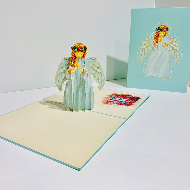 Baby Blue Praying Guardian Angel Origami Pop Cards 3D Pop Up Greeting Card Merry Christmas Thank You Handmade Best Wishes Blank Card Gift Happy Holidays Celebrate the Special Day Moment with Family and Friends Holy