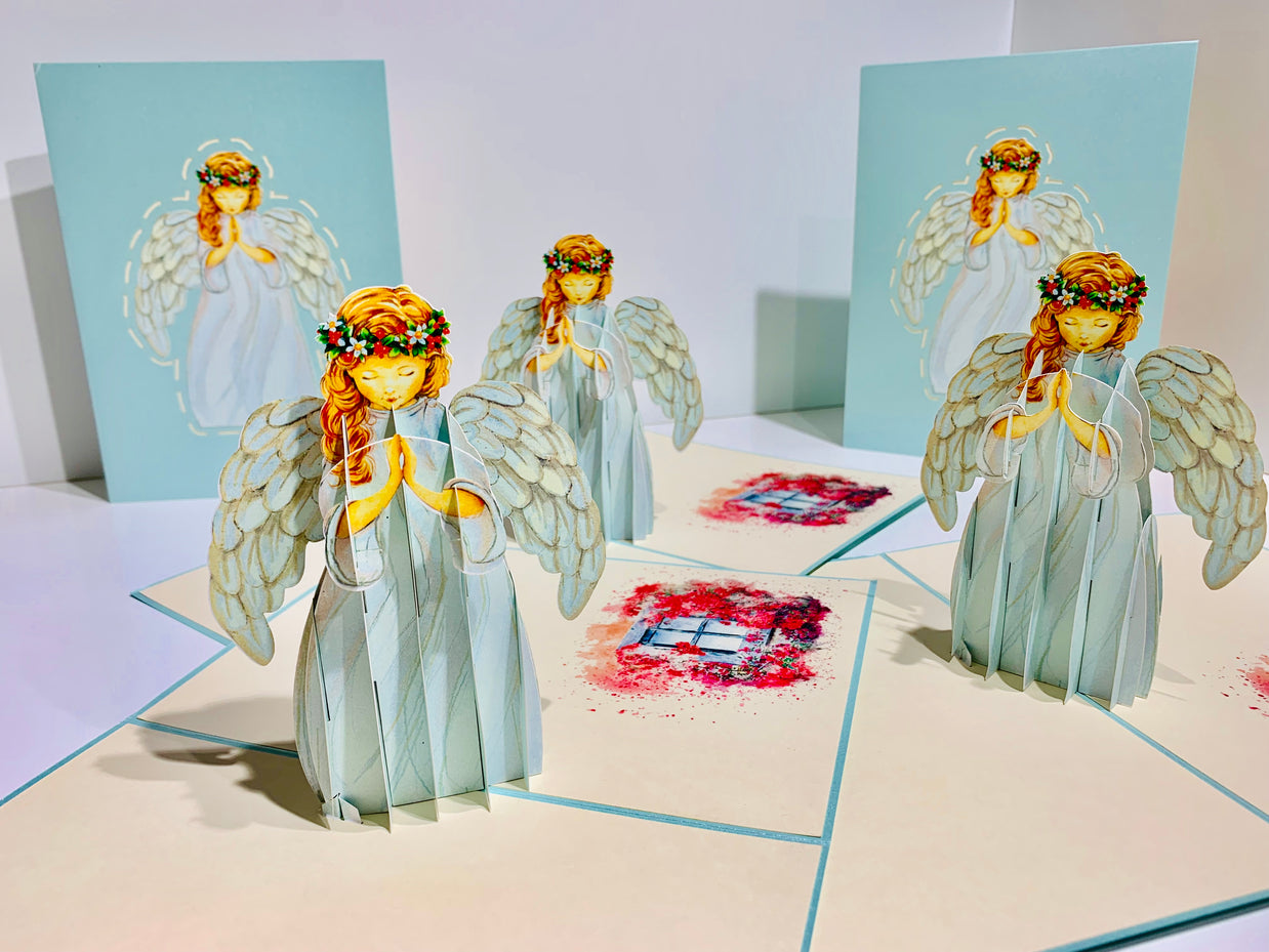 Baby Blue Praying Guardian Angel Origami Pop Cards 3D Pop Up Greeting Card Merry Christmas Thank You Handmade Best Wishes Blank Card Gift Happy Holidays Celebrate the Special Day Moment with Family and Friends Holy