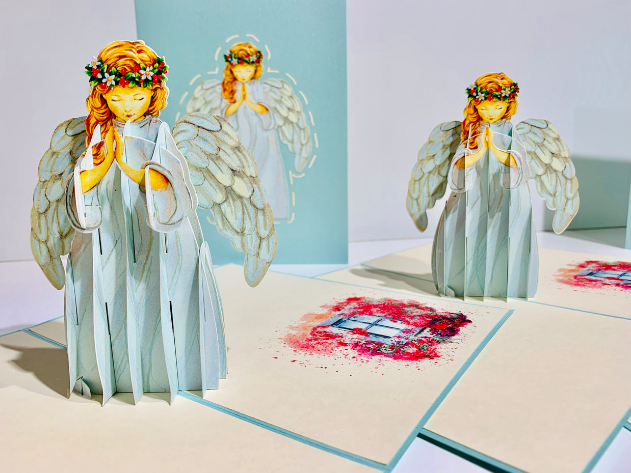 Baby Blue Praying Guardian Angel Origami Pop Cards 3D Pop Up Greeting Card Merry Christmas Thank You Handmade Best Wishes Blank Card Gift Happy Holidays Celebrate the Special Day Moment with Family and Friends Holy