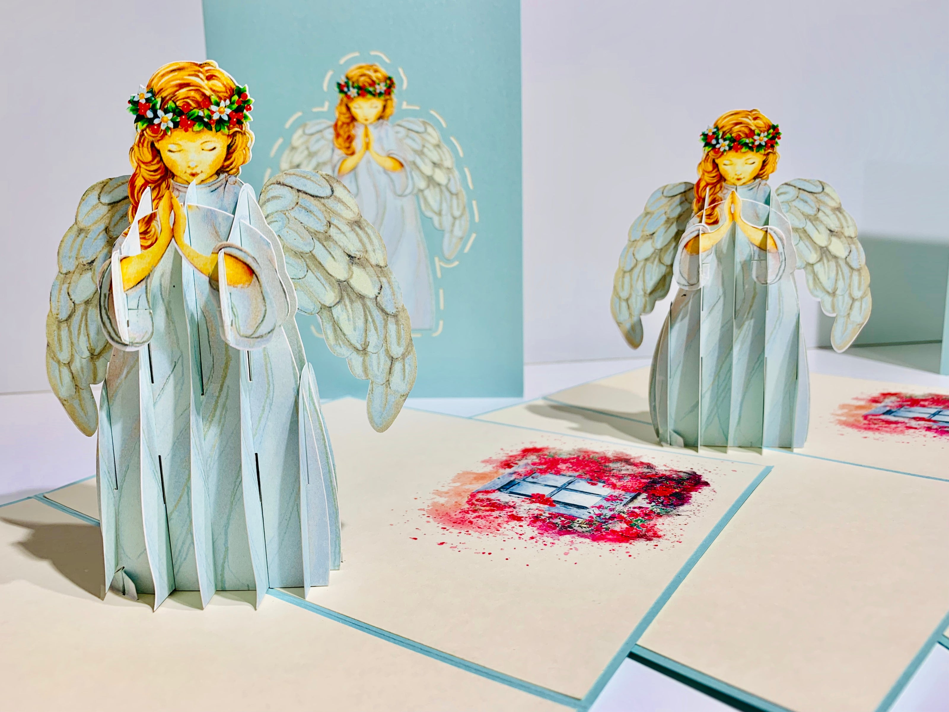 Baby Blue Praying Guardian Angel Origami Pop Cards 3D Pop Up Greeting Card Merry Christmas Thank You Handmade Best Wishes Blank Card Gift Happy Holidays Celebrate the Special Day Moment with Family and Friends Holy