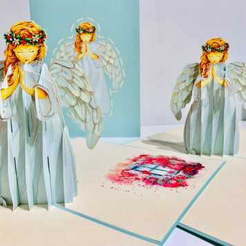 Baby Blue Praying Guardian Angel Origami Pop Cards 3D Pop Up Greeting Card Merry Christmas Thank You Handmade Best Wishes Blank Card Gift Happy Holidays Celebrate the Special Day Moment with Family and Friends Holy