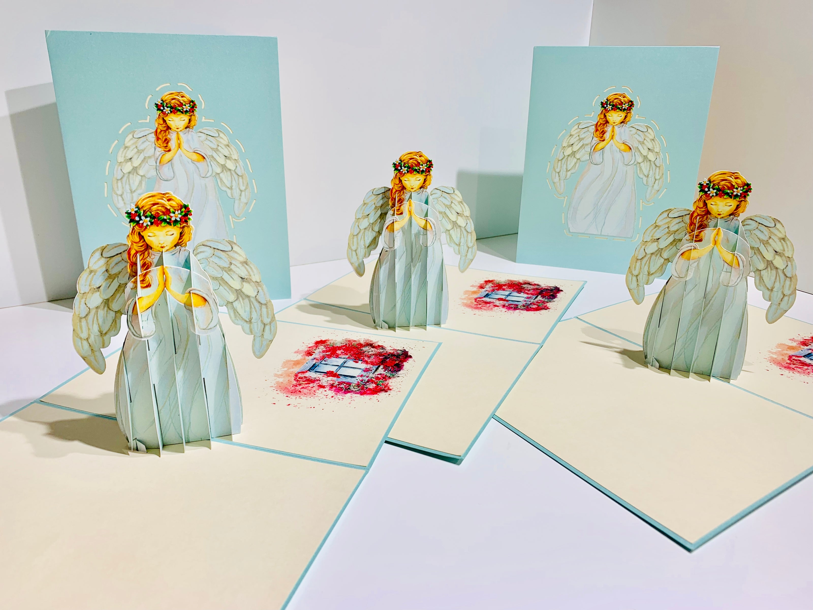 Baby Blue Praying Guardian Angel Origami Pop Cards 3D Pop Up Greeting Card Merry Christmas Thank You Handmade Best Wishes Blank Card Gift Happy Holidays Celebrate the Special Day Moment with Family and Friends Holy