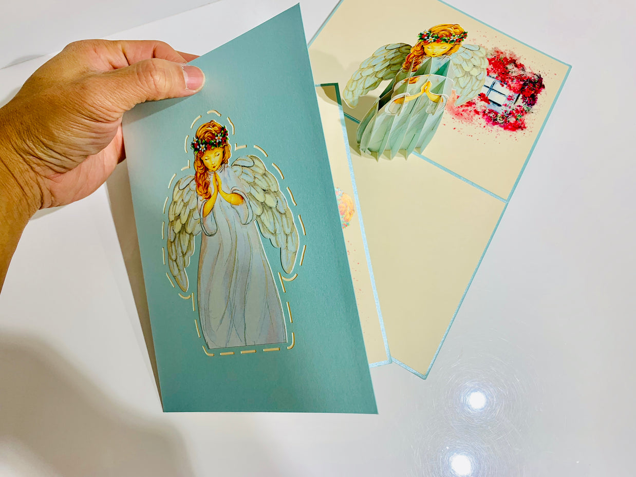 Baby Blue Praying Guardian Angel Origami Pop Cards 3D Pop Up Greeting Card Merry Christmas Thank You Handmade Best Wishes Blank Card Gift Happy Holidays Celebrate the Special Day Moment with Family and Friends Holy