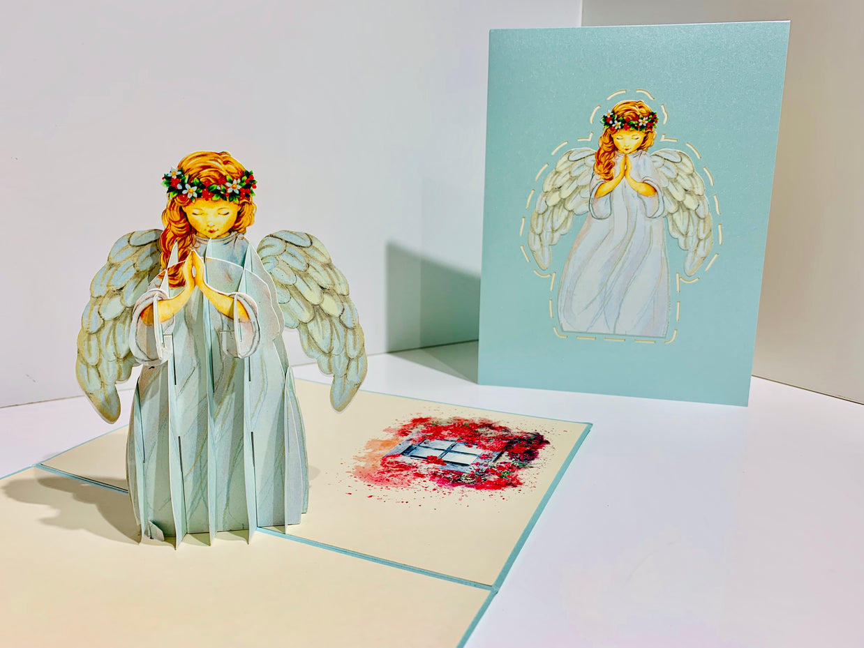 Baby Blue Praying Guardian Angel Origami Pop Cards 3D Pop Up Greeting Card Merry Christmas Thank You Handmade Best Wishes Blank Card Gift Happy Holidays Celebrate the Special Day Moment with Family and Friends Holy