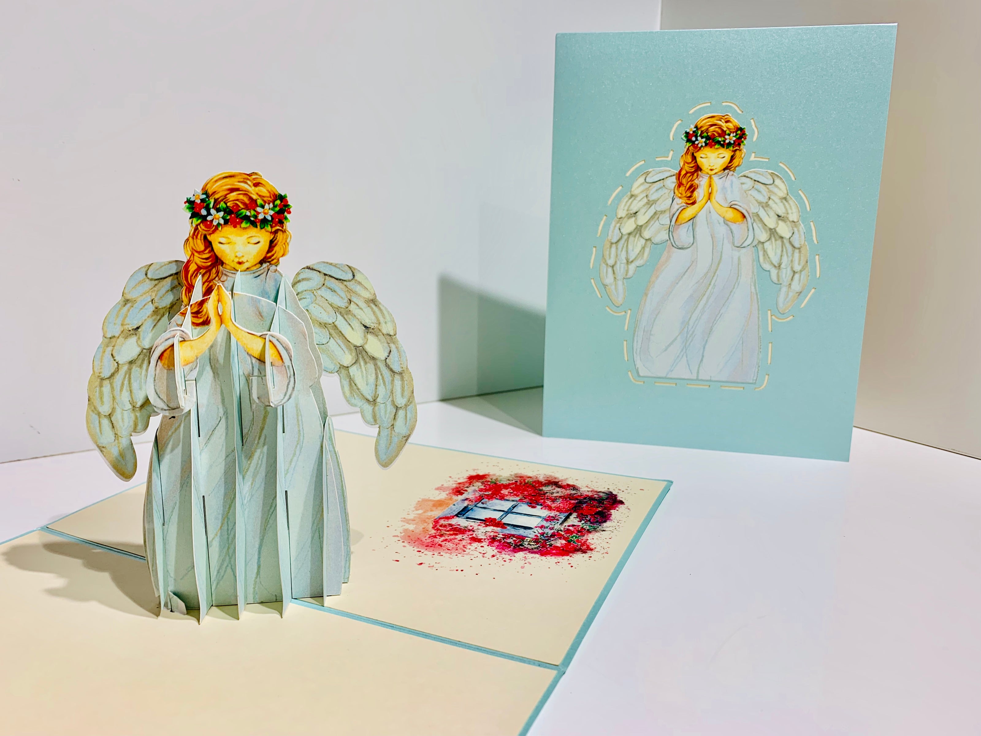 Baby Blue Praying Guardian Angel Origami Pop Cards 3D Pop Up Greeting Card Merry Christmas Thank You Handmade Best Wishes Blank Card Gift Happy Holidays Celebrate the Special Day Moment with Family and Friends Holy