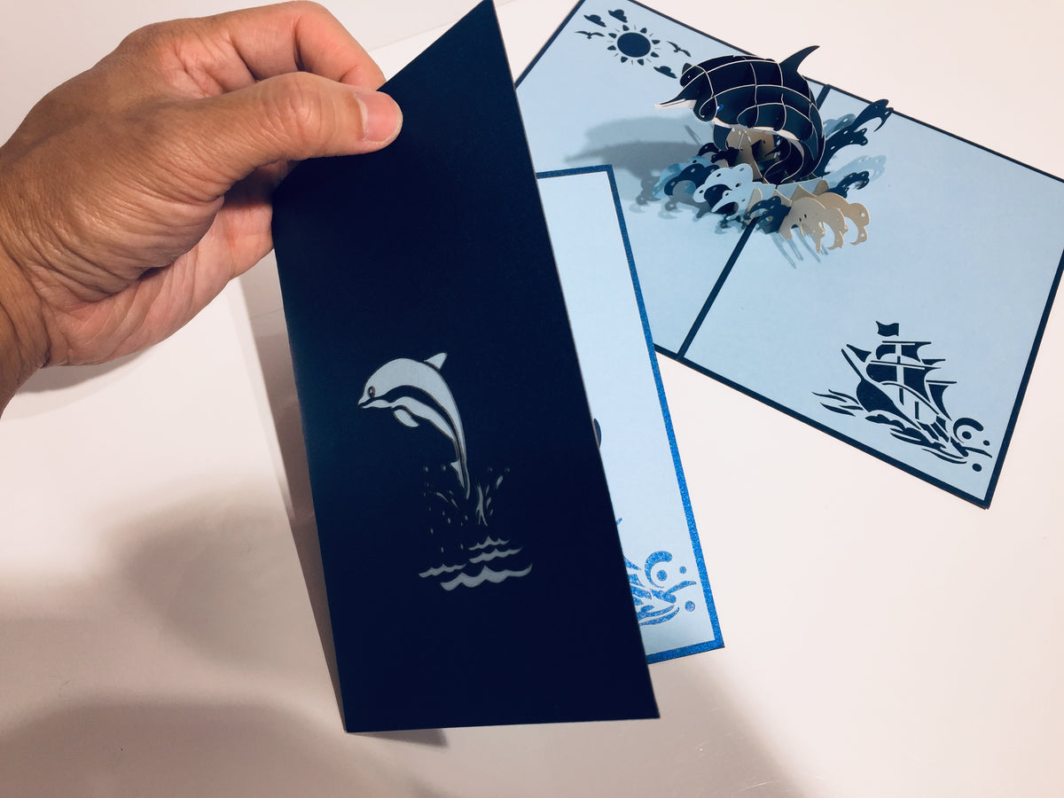 Baby Dolphin in Metallic Navy Blue Origami Pop Cards 3D Pop Up Greeting Card Happy Birthday Thank You Handmade Gift Thinking of You Blank Card for Any Occasion Happy Mother's Day Happy Father's Australiana Celebrate the Beauty of Flower
